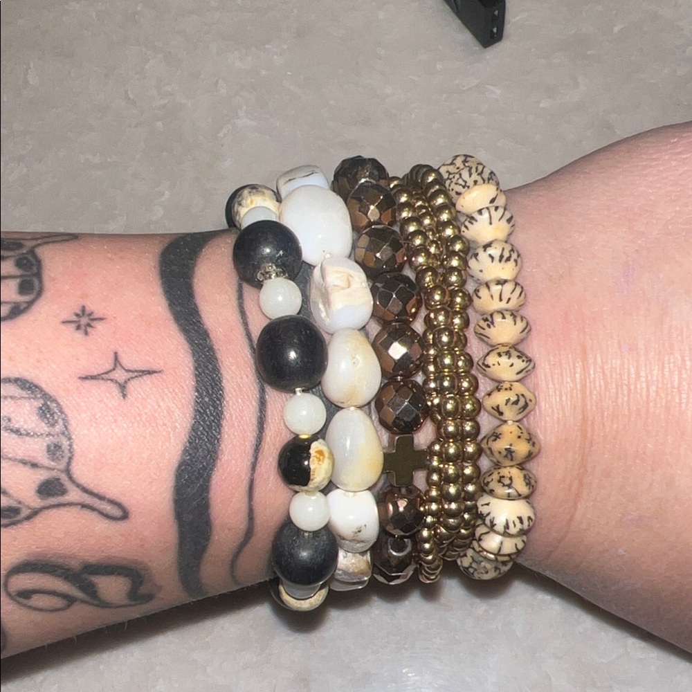 Beaded Bracelet Set - Black, White, Gold